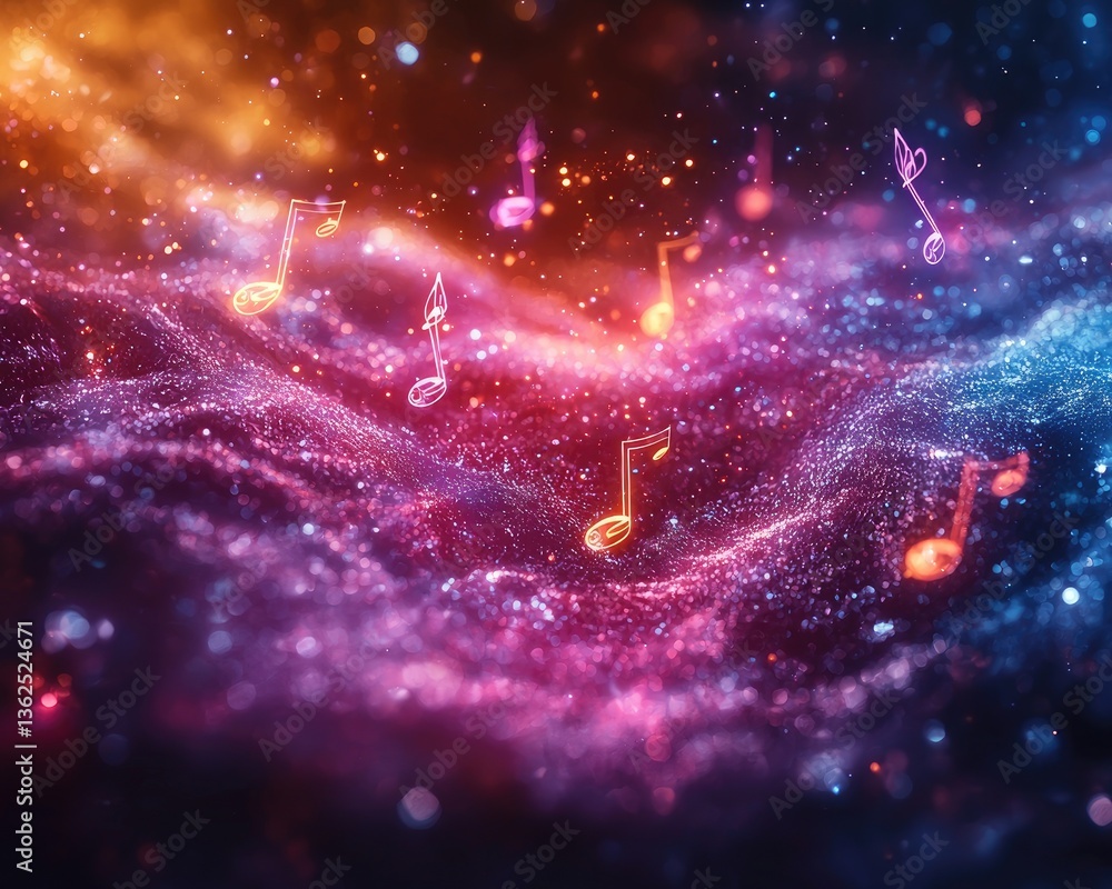 Poster abstract cosmic scene with colorful musical notes floating in a starry background