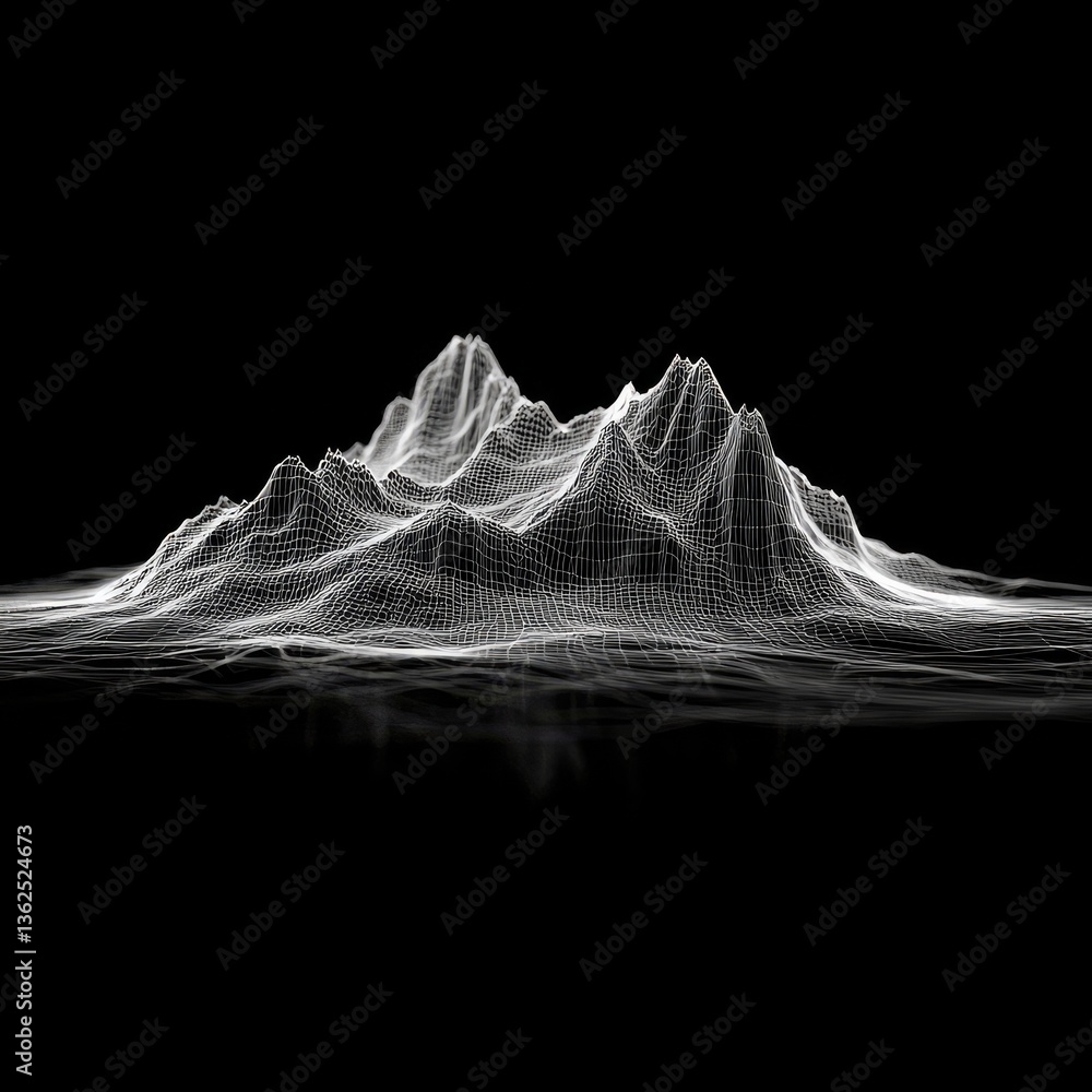 Aufkleber abstract wireframe landscape: mountains with reflection in dark digital space