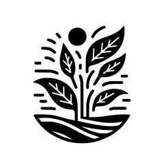 Black and White Botanical Illustration: A Stylized Plant Growing Under a Sun, Symbolic of Growth and Nature's Beauty.