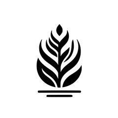 A minimalist, black and white logo featuring a stylized leaf or flame-like shape with rounded edges, set against a stark white background, representing growth.