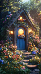 Fototapeta premium Fairy cottage Blue door amidst flowers, stone path Cozy lights in forest