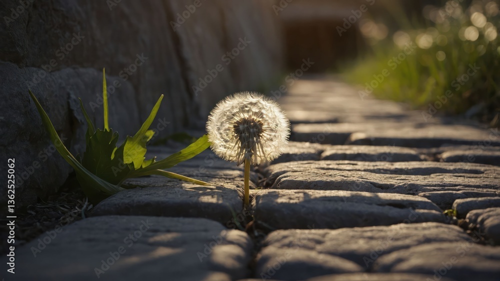 Poster a dandelion stands out on a cobblestone path, illuminated by soft sunlight.