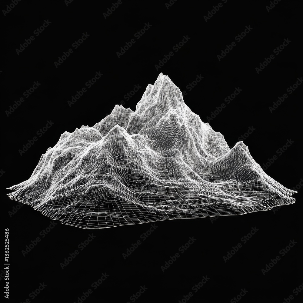 Poster a wireframe landscape: digital rendering of a mountainous terrain on a black background