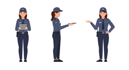 Obraz premium Police officer character in three poses detailed flat vector illustration