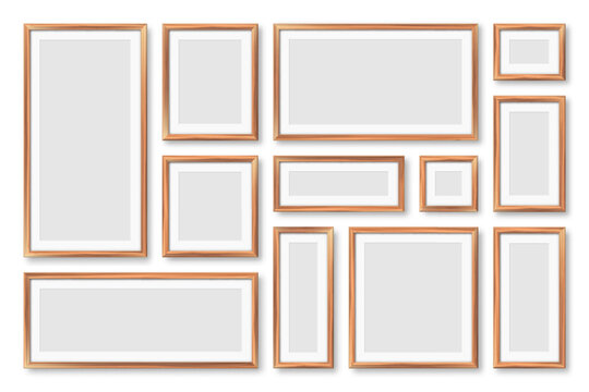 Realistic blank wooden picture frames collection. Modern poster mockup for artwork, photography, or advertising. Perfect for art galleries, interior decor, and branding. Vector illustration