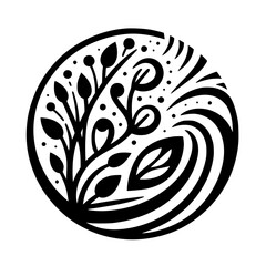 Intricate Black and White Circular Design Featuring Botanical Elements and Swirls in a Minimalist Style.