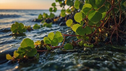Naklejka premium Close-up of green leaves near the water's edge during sunset.