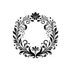 A symmetrical, black floral wreath design featuring intricate leaves, flower-like elements, and swirling patterns on a stark white background, creating a sense of elegance and simplicity.