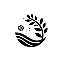 Minimalist monochrome floral and leaf emblem with stylized water elements, creating a balanced design.