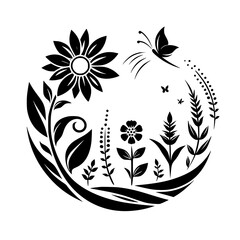 A symmetrical, black and white botanical illustration featuring a large sunflower, various floral elements, butterflies, and foliage arranged in a semi-circular composition, evoking a sense of harmony