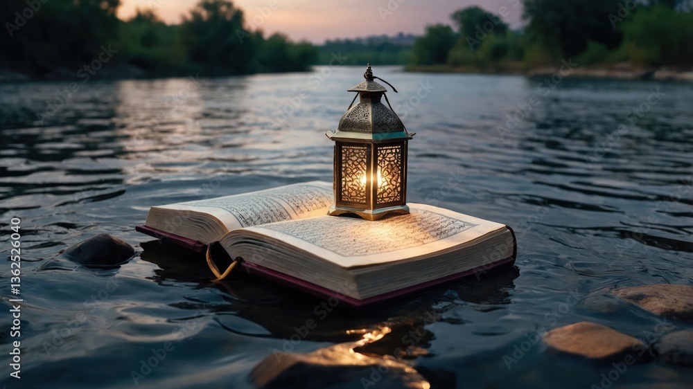 Poster a lantern atop an open book floats on a river, creating a serene and mystical ambiance.