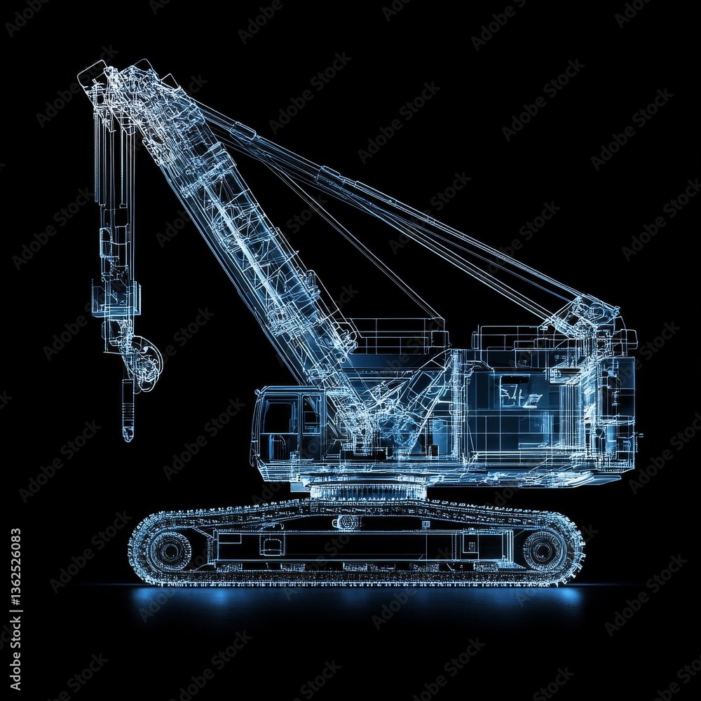 Poster blueprint of power: a futuristic crawler crane shines against the darkness, revealing complex machin