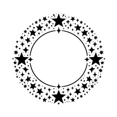 A circular black and white starburst design with a central white circle for text or imagery, surrounded by varying sized star silhouettes.