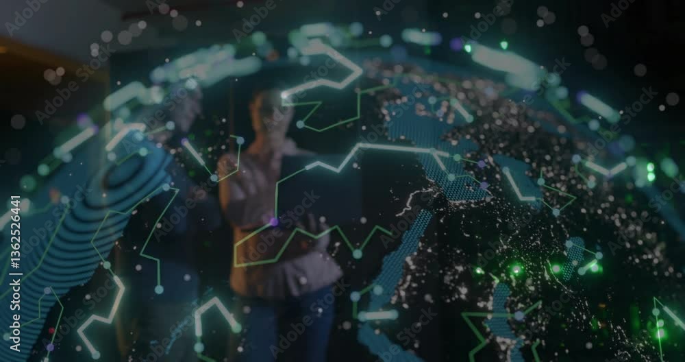 Poster interacting with digital animation of world map and glowing network connections