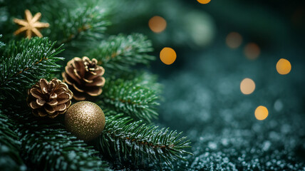 Obraz premium Green Christmas background of fir branches and cones.