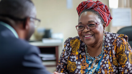 Smiling elderly aged retired old black woman pensionary sitting opposite a man discussing in the office on blurred background. Writer, teacher