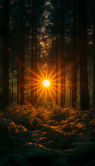 Fototapeta premium Forest sunset Light shines through trees onto ferns