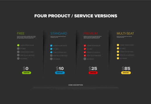 Four Product or Service Pricing Plans in clean comparison chart with Free, Standard, Premium, and Multi-Seat pricing versions