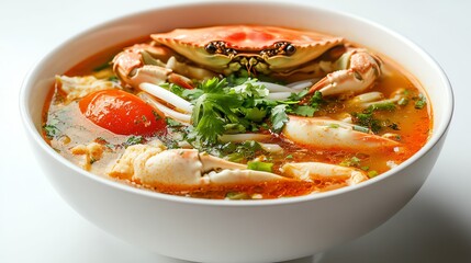 Crab Noodle Soup in Bowl Featuring Tomato and Cilantro Garnish