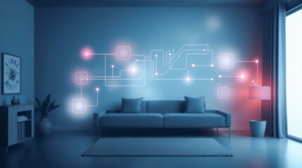 Futuristic Smart Home Interior with Digital Circuit Visualization Technology in Modern Living Room with Blue Ambient Lighting