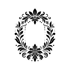 Elegant Black and White Floral Oval Frame: Flourishes of Leaves, Petals, and Ornate Details, Perfect for Invitations and Embellishments.