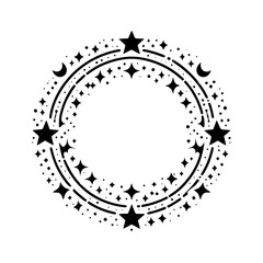 Intricate Celestial Wreath: A black and white illustration of a circular design composed of stars, dots, and crescent moons, suggesting a magical or whimsical quality.
