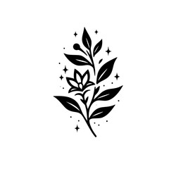 Elegant Black and White Floral Illustration with Botanical Elements, a Flower, Leaves, Berries, and Sparkling Star Accents on White Background.