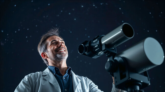 Smiling Male Scientist Astronomer With Telescope Observing Stars In Night Sky Space Research Astronomy Education Science Discovery - Powered by Adobe