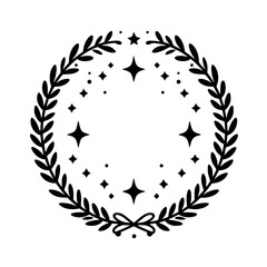 Elegant Black and White Circular Design: A Laurel Wreath Enclosing Sparkling Stars and Tiny Dots for a Celestial, Festive Feel.