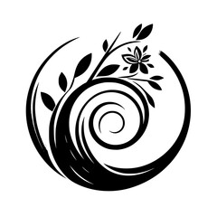 A monochromatic, stylized floral design featuring a spiraling element and a blossoming flower, enclosed within a circular frame against a stark white backdrop.