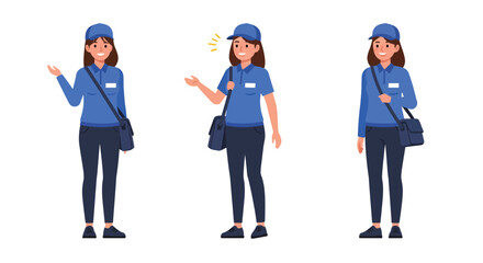 Obraz premium Woman in blue uniform showing different expressions in flat vector art