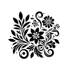 A symmetrical monochrome floral design, featuring swirling leaf patterns and stylized flower blossoms, against a clean white backdrop.