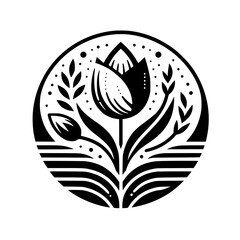 Intricate Black and White Floral Mandala: A stylized tulip blossom, leaves, and decorative elements enclosed in a circular frame against a clean white backdrop.