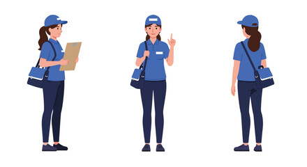 Obraz premium Female delivery worker in blue uniform showcasing different poses in flat vector art