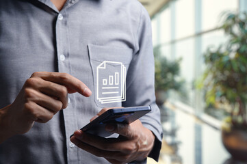 Businessman Checking Document on Smartphone in Modern Office Setting