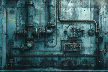 Industrial Blue Wall with Intricate Pipes, Gauges, and Textures, Rusting and Weathered