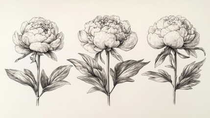 Three Exquisite Monochrome Peonies: A Botanical Pencil Drawing