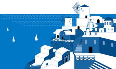 View of the Santorini island in Greece. Vector. Major in blue and white color scheme.
