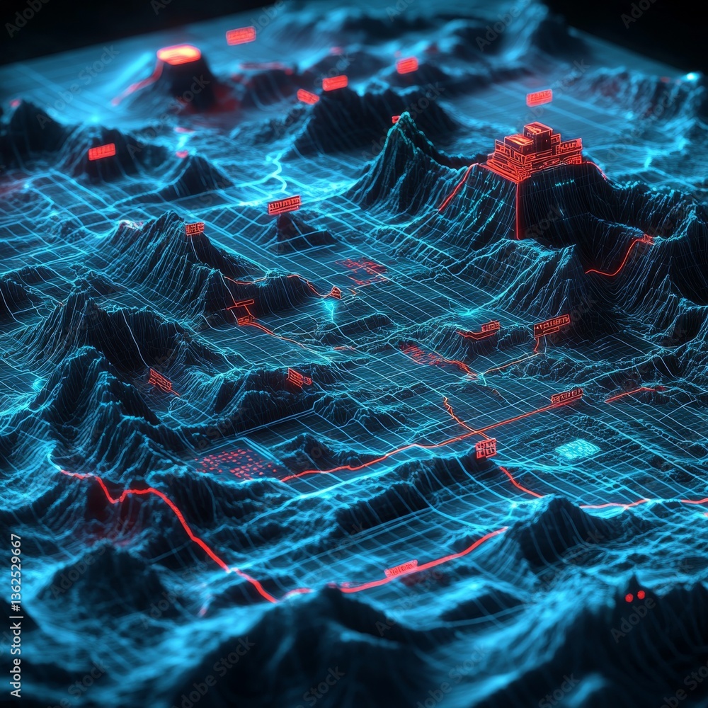 Poster glowing topography: a neon landscape of digital mountains with red route networks and pointed elevat