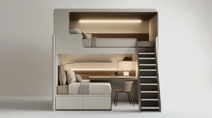 Compact bunk bed with a desk underneath, combining sleeping space and workspace, against a neutral grey background for a modern vibe