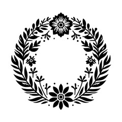 Intricate Black Floral Wreath on White Background: A Stylized, Circular Design Featuring Leaves, Buds, and Decorative Blooms.