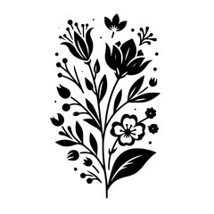 A symmetrical black and white floral illustration featuring a bouquet of stylised flowers, buds, leaves, and dots, arranged against a clean white background.
