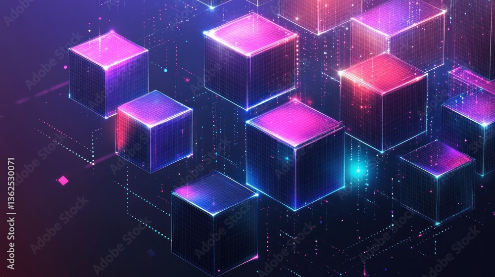 Aufkleber neon cubes: a digital abstract of interconnected data blocks