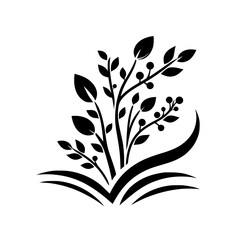Stylized Black and White Illustration of Botanical Elements, Featuring Leaves, Berries, and Curved Forms, Against White Background.