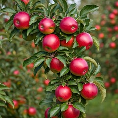 Obraz premium A bountiful apple orchard in early autumn, with the first red apples glistening under the sun, AI Generated
