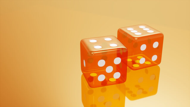 3D render of orange dice with a clean and modern design. Perfect for casino, gambling, board games, and luck-themed visuals. High-resolution image for digital projects, presentations, and advertisemen