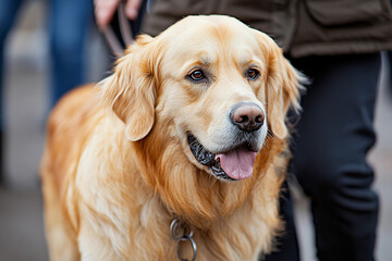 Nervous person stands near a golden retriever dog in a busy urban environment during daytime