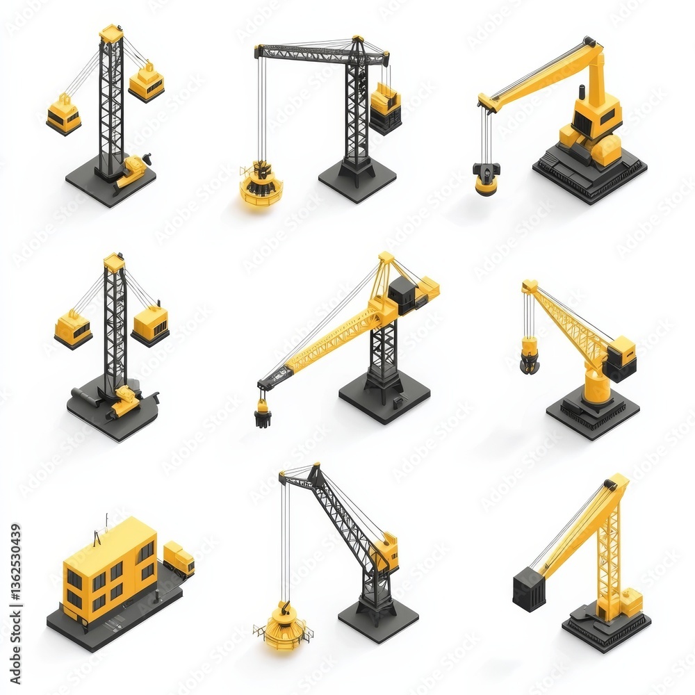 Poster isometric view of construction cranes: a diverse collection of engineering and design models