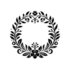 Elegant Black & White Floral Wreath Design with Leaves, Berries, and a Delicate Floral Arrangement, perfect for Wedding Invitations or Decorative Elements.