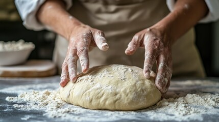Fototapeta premium Dough resting under gentle hands, soft folds of flour-dusted fabric visible in the background